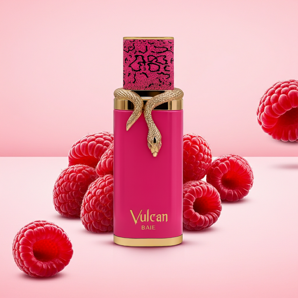 Ein Parfüm, French Avenue Vulcan Baie, Pinter Flakon, im Hintergrund sieht man himbeeren (Himbeeren stehen nicht mit zum verkauf)